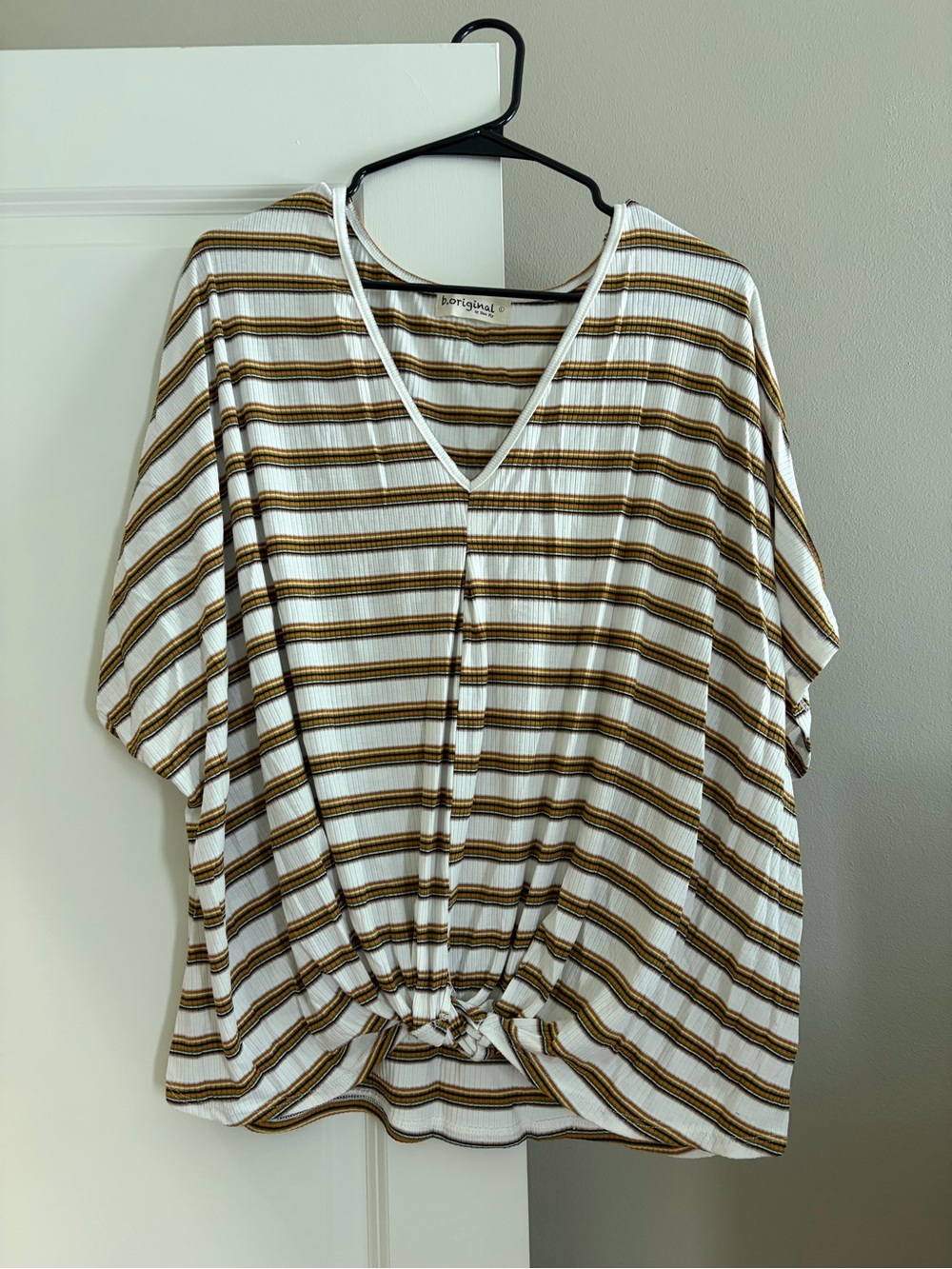 White & Mustard Striped V-Neck Knot Front Blouse